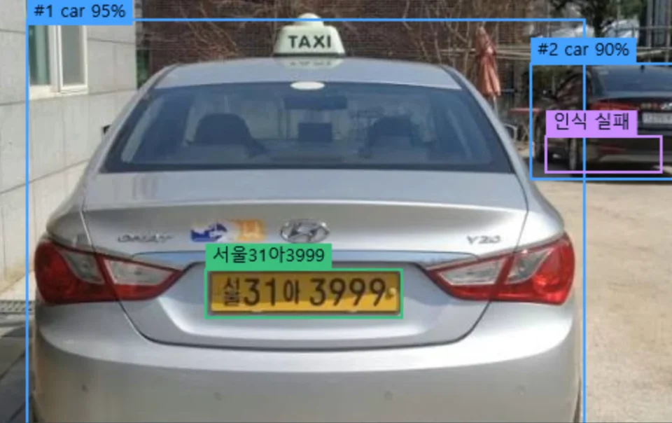 영업용 번호판 «서울31아3999» 은 읽어 내고, 뒤쪽에 겹쳐 선 차량은 «인식 실패» 로 표시한 인식 화면